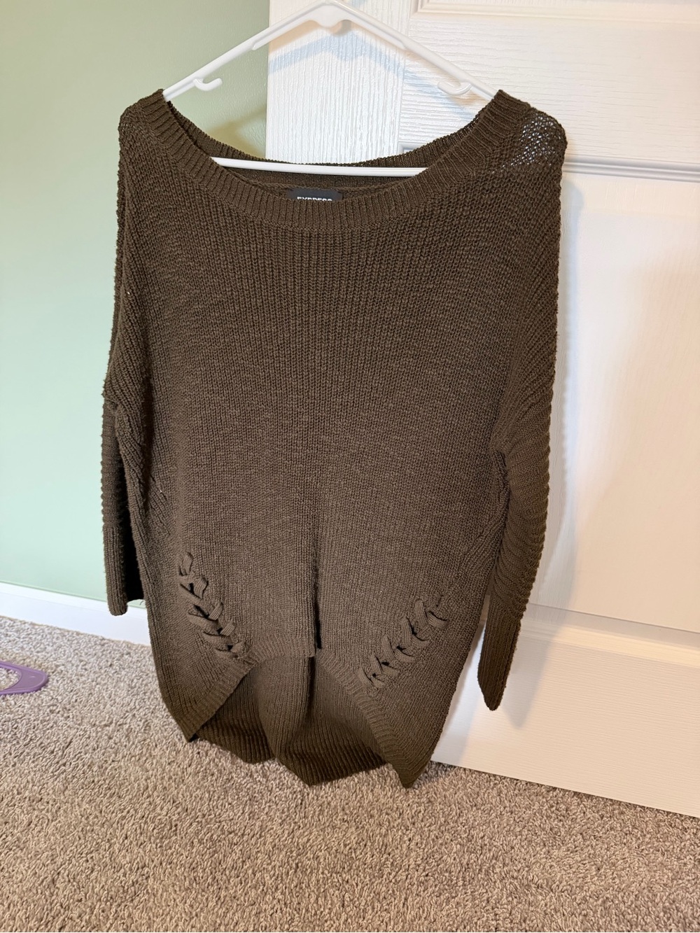 Express Olive Scoop Neck Knit Sweater with Side Lace-Up Detail